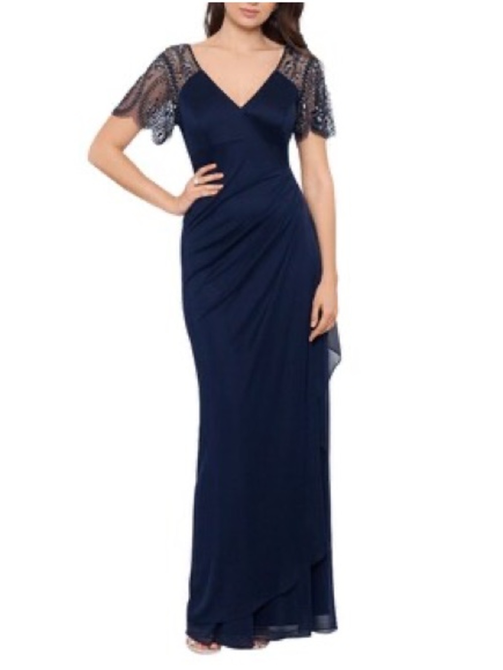 Xscape Navy V-Neck Beaded Sleeve Maxi Dress NWOT 18